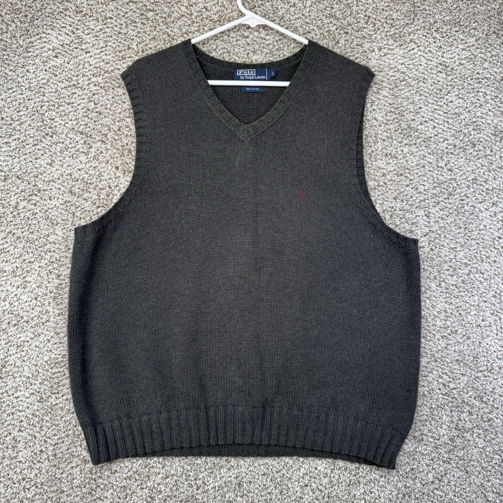 Vtg 90s Polo Ralph Lauren Knit Sweater Vest Men L 100% Cotton Gray Preppy Crop